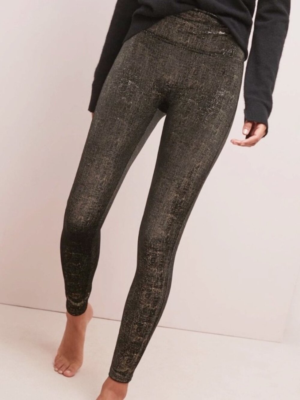Spanx Velvet Leggings Medium Black Gold‎ Shine Metallic Shimmer Corporate Siren